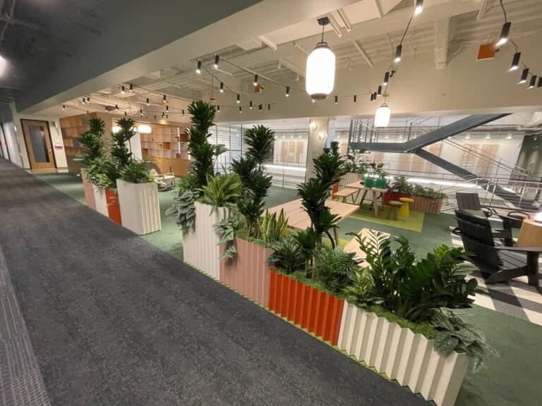 A modern workplace lounge area showcasing biophilic design, featuring comfortable seating arrangements surrounded by various lush green plants, promoting a calming and productive environment.