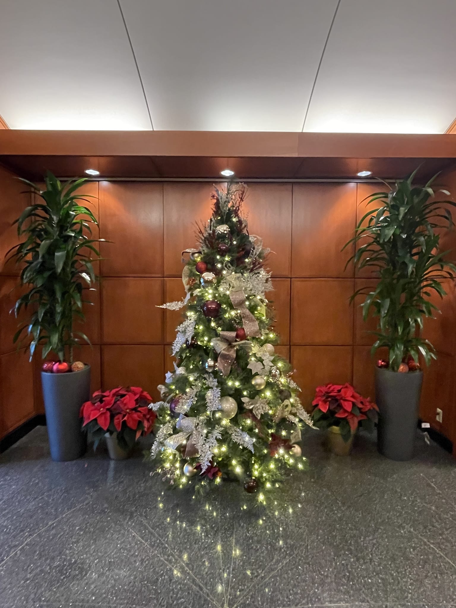 Christmas tree with gold and bronze ornaments in office lobby – Lobby Christmas decor with wood-paneled walls and traditional festive tree