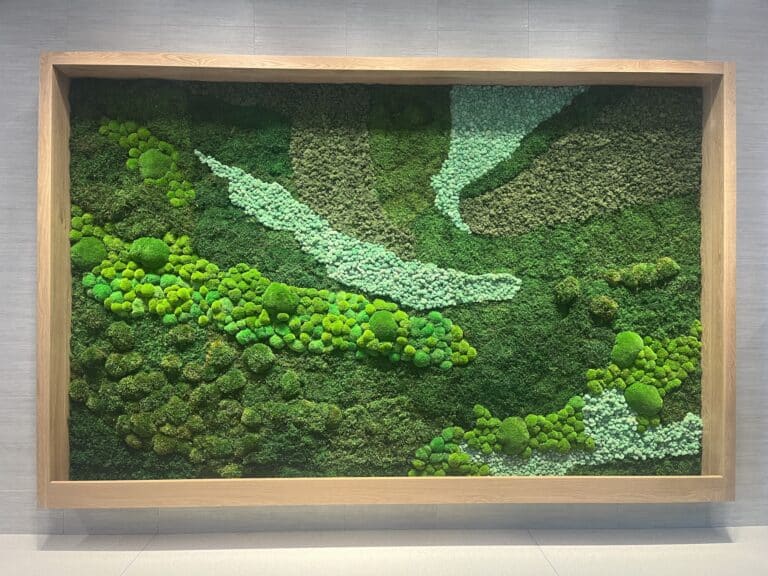 Framed moss wall art featuring layered textures in various shades of green