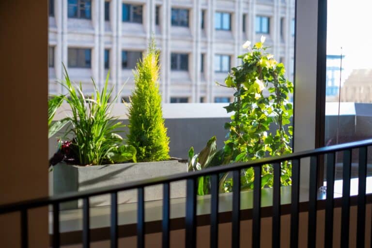 Modern tiered concrete planters beside colorful chairs and a glass building facade.