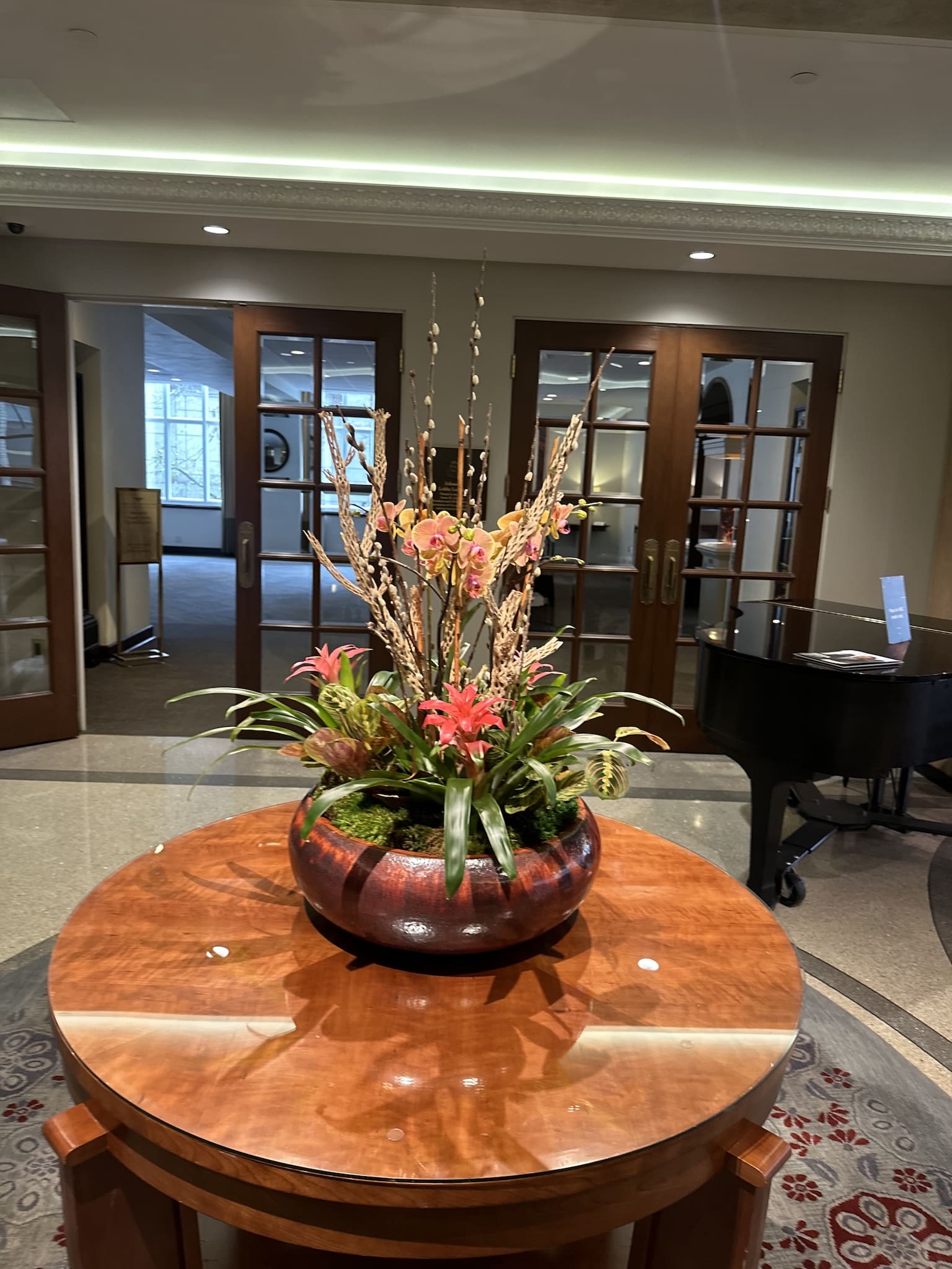 A front-facing view of a sophisticated orchid and maranta arrangement with dried lotus pods and soft accents.