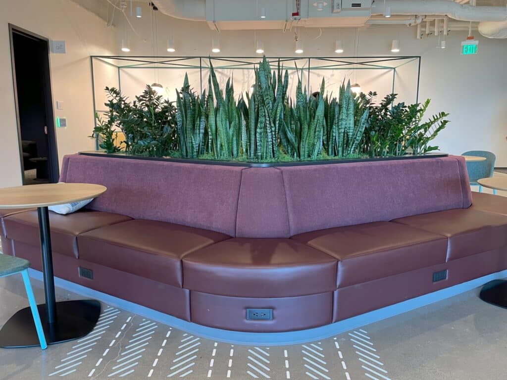 A modern waiting room with circular seating arrangement upholstered in a light color, complemented by a large planter filled with lush greenery in the center, creating a welcoming and comfortable space.