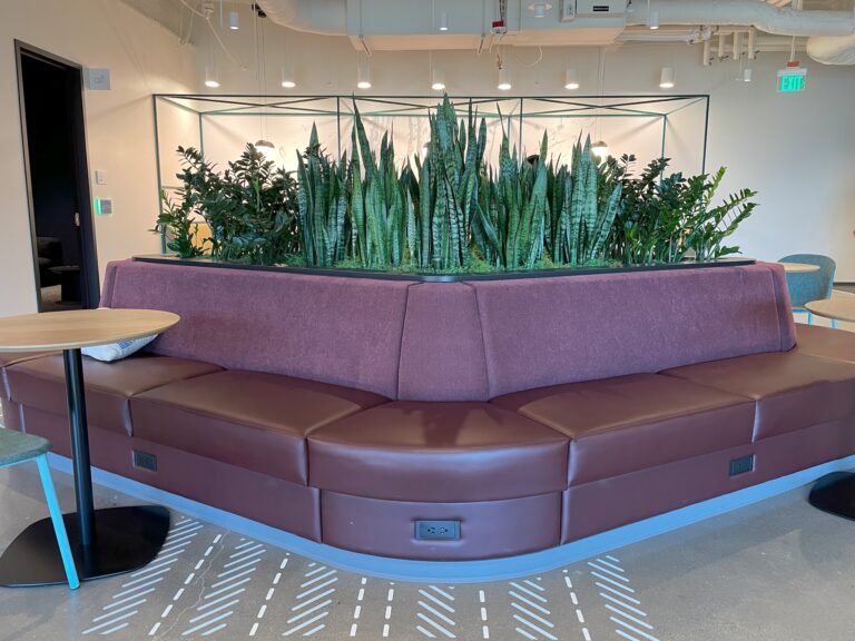 A modern waiting room with circular seating arrangement upholstered in a light color, complemented by a large planter filled with lush greenery in the center, creating a welcoming and comfortable space.